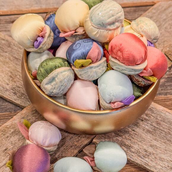 35 Vintage Handcrafted Ceramic and Fabric Faux Walnuts Decor-Pastel/Spring Hues - Picture 9 of 10
